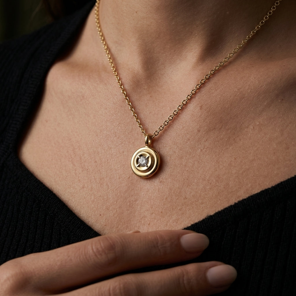 Gabriel & Co. 14K Yellow Gold Round Diamond Pendant Necklace .04CTW - worn lifestyle photo