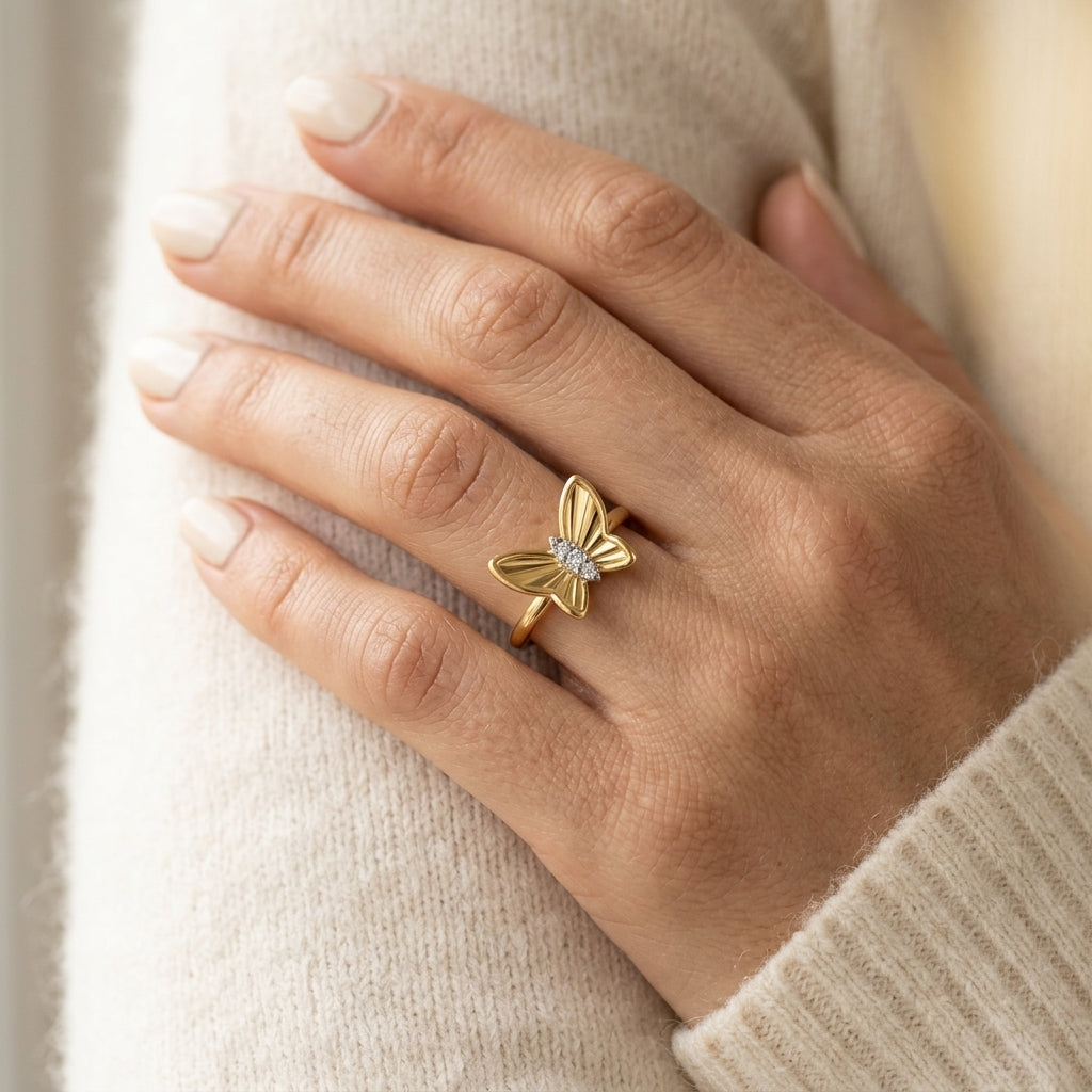 Gabriel & Co. Butterfly - 14K Yellow Gold Diamond Cut Butterfly Ring .03CTW SZ 6.5 - worn lifestyle photo