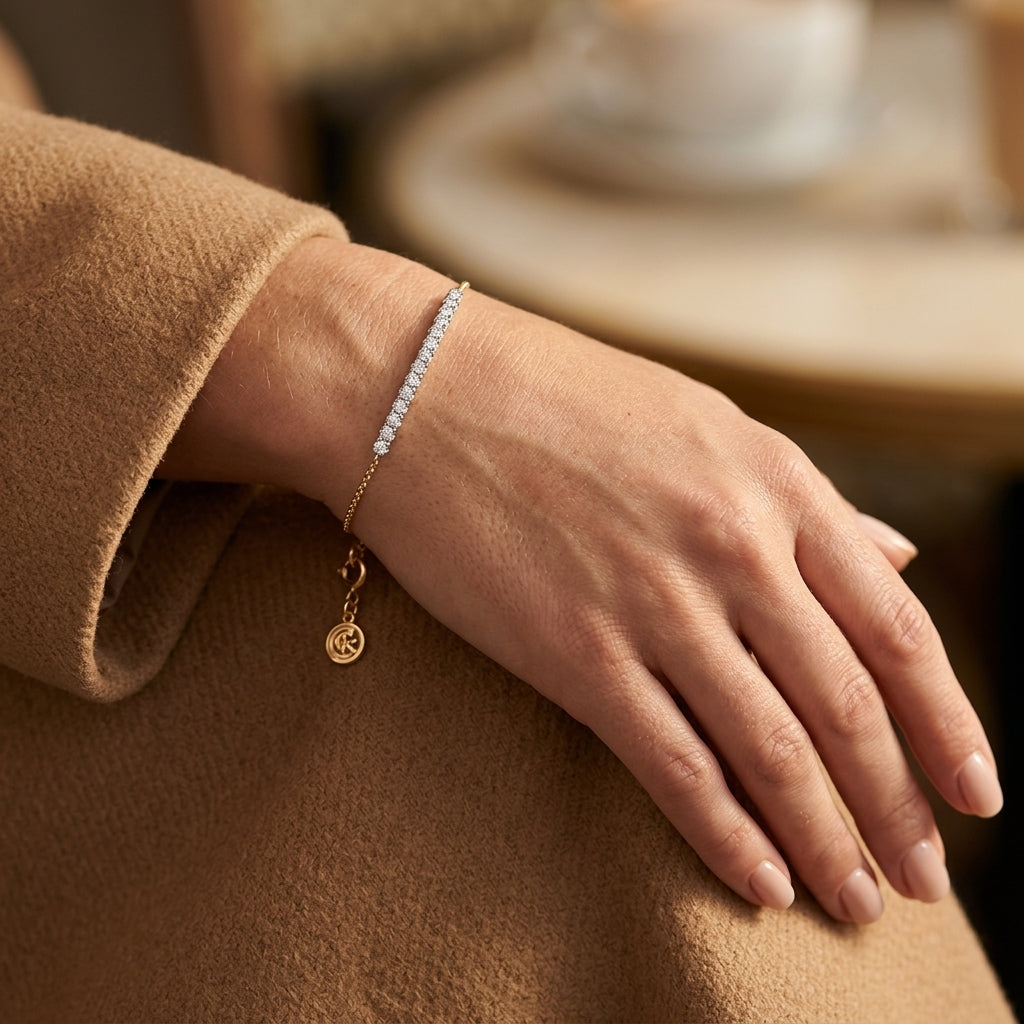 Gabriel & Co. 14K White and Yellow Gold White Sapphire Bar Bracelet .47CTW - worn lifestyle photo