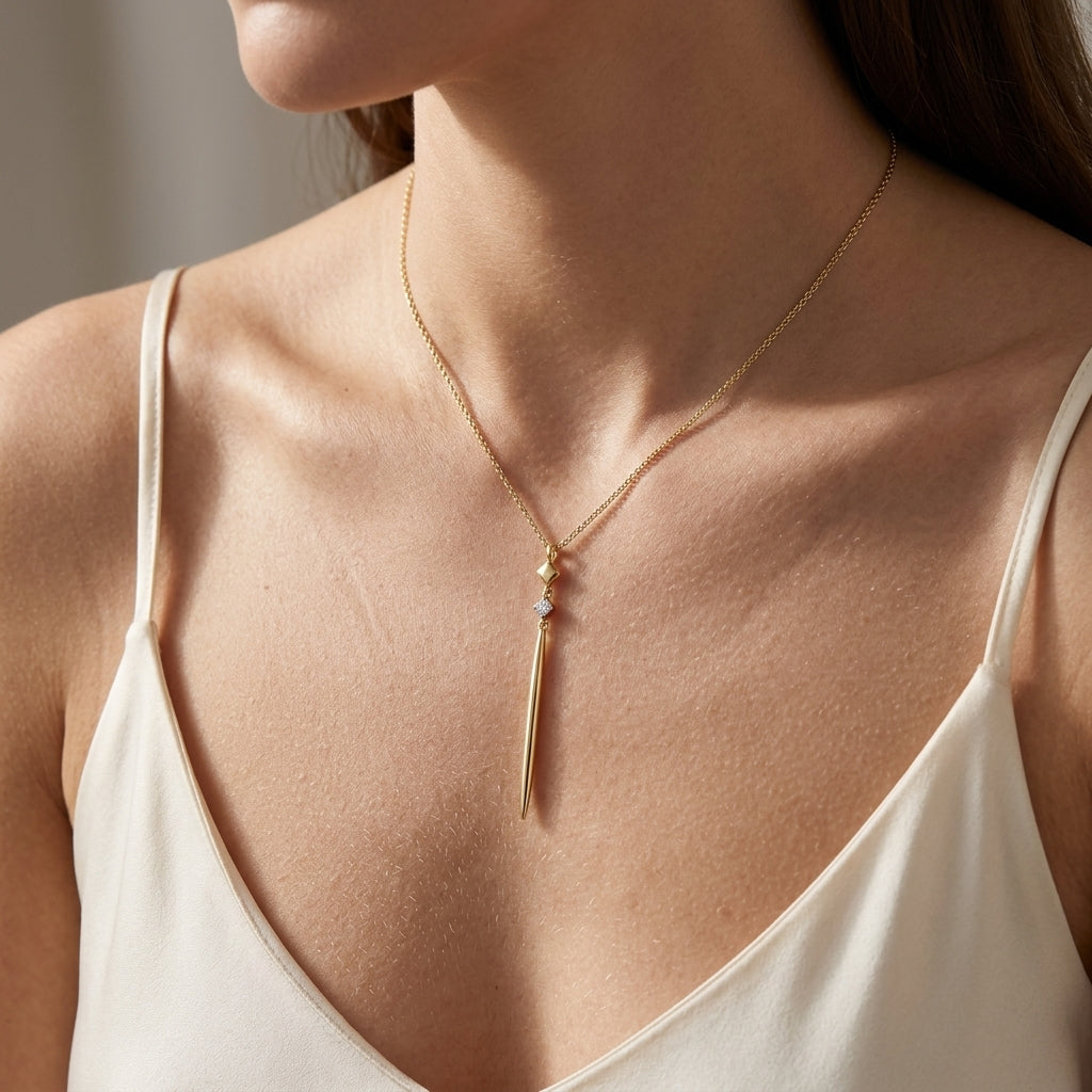 Gabriel & Co. 14K Yellow Gold Diamond Pendant Drop Necklace .03CTW - worn lifestyle photo