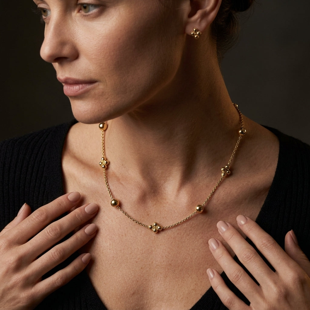 Gabriel & Co. 14K Yellow Gold Bujukan Bead Station Necklace - worn lifestyle photo