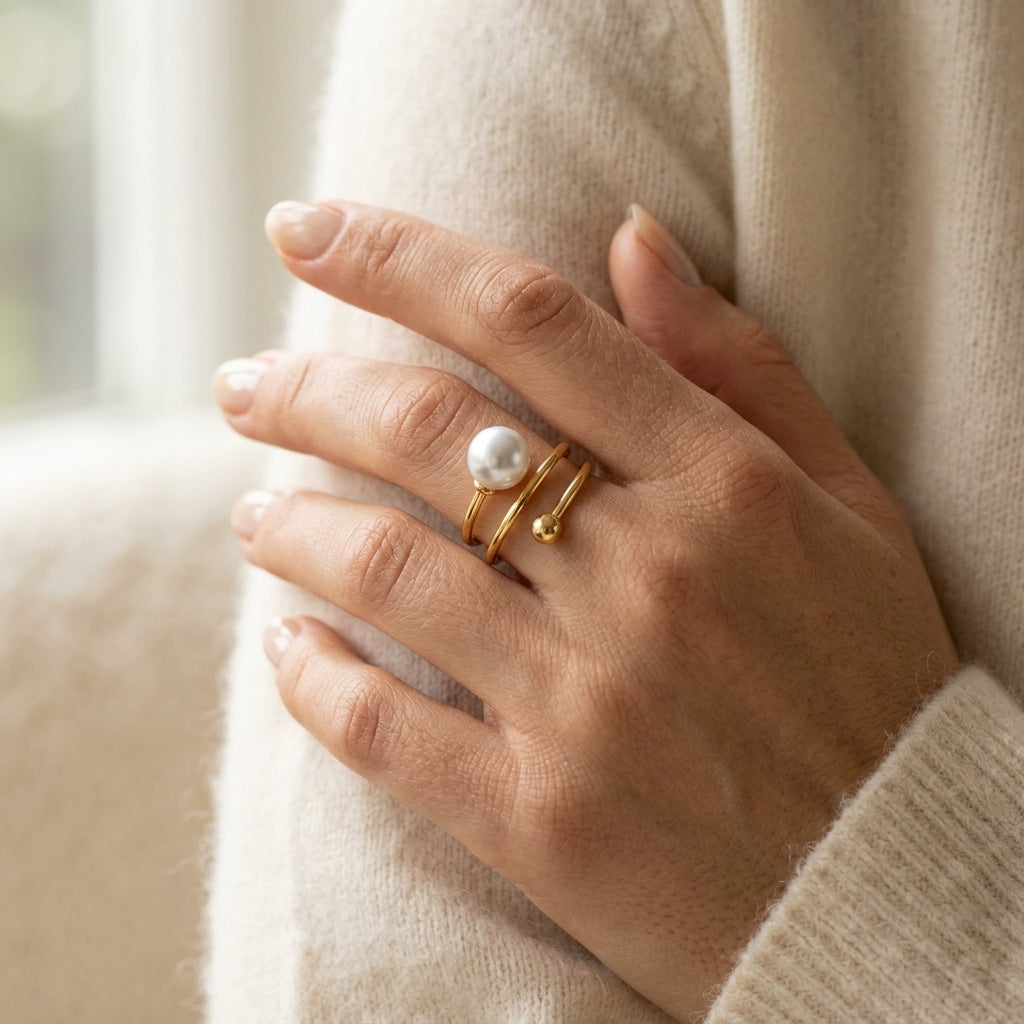 Gabriel & Co. 14K Yellow Gold Bujukan Beads and Pearl Bypass Ring - worn lifestyle photo