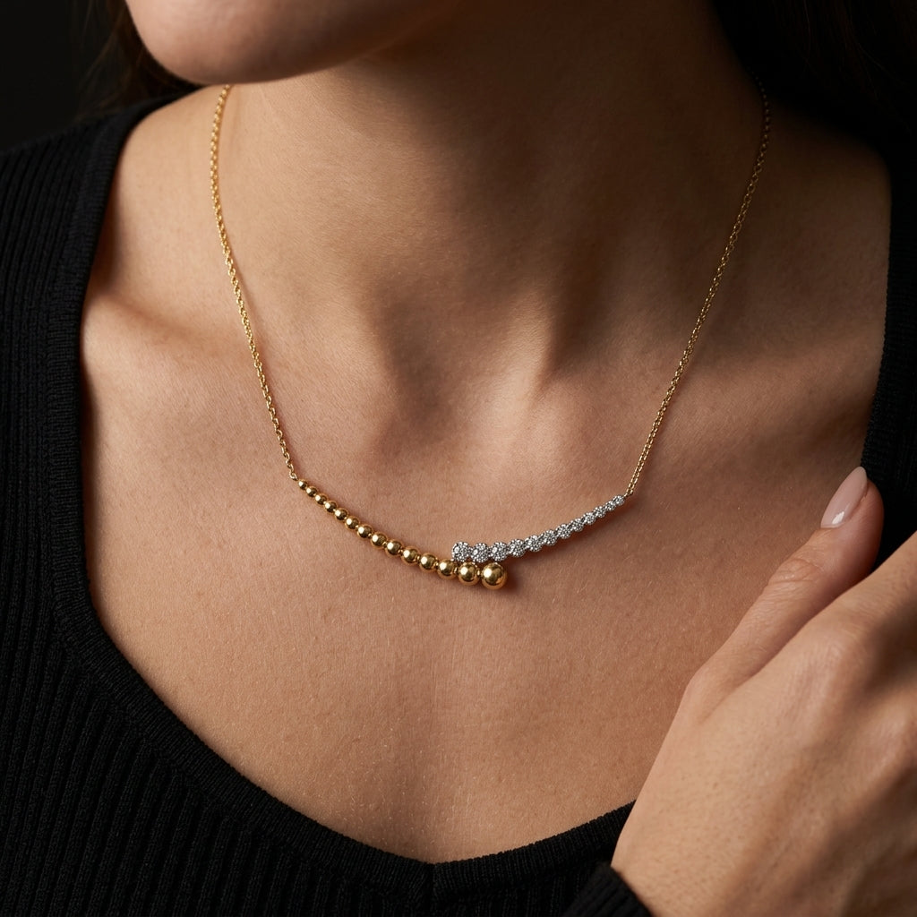 Gabriel & Co. 14K Yellow-White Gold Bujukan Diamond Bar Necklace .18CTW - worn lifestyle photo