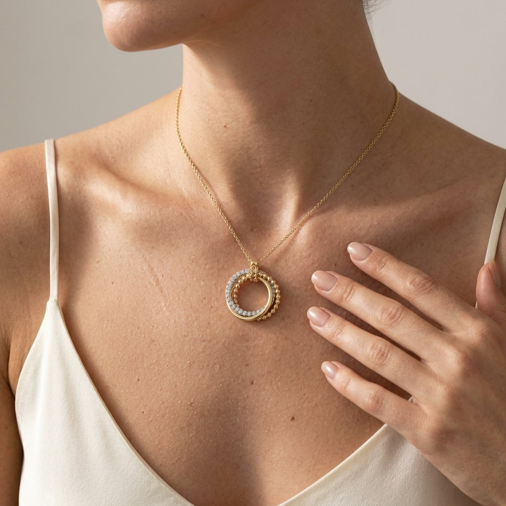 Gabriel & Co. 14K Yellow-White Gold Bujukan Diamond Interlocking Circles Pendant Necklace 1/4CTW - worn lifestyle photo