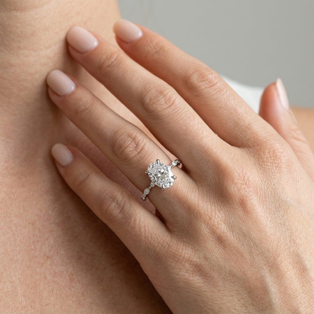 Gabriel & Co. Adeena - 14K White Gold Oval Hidden Halo Diamond Engagement Ring 10.5X7 SEMI .35CTW - worn lifestyle photo