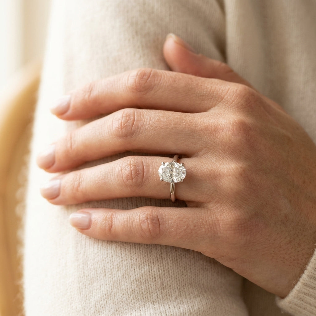 Oval Hidden Halo Engagement Ring - worn lifestyle photo