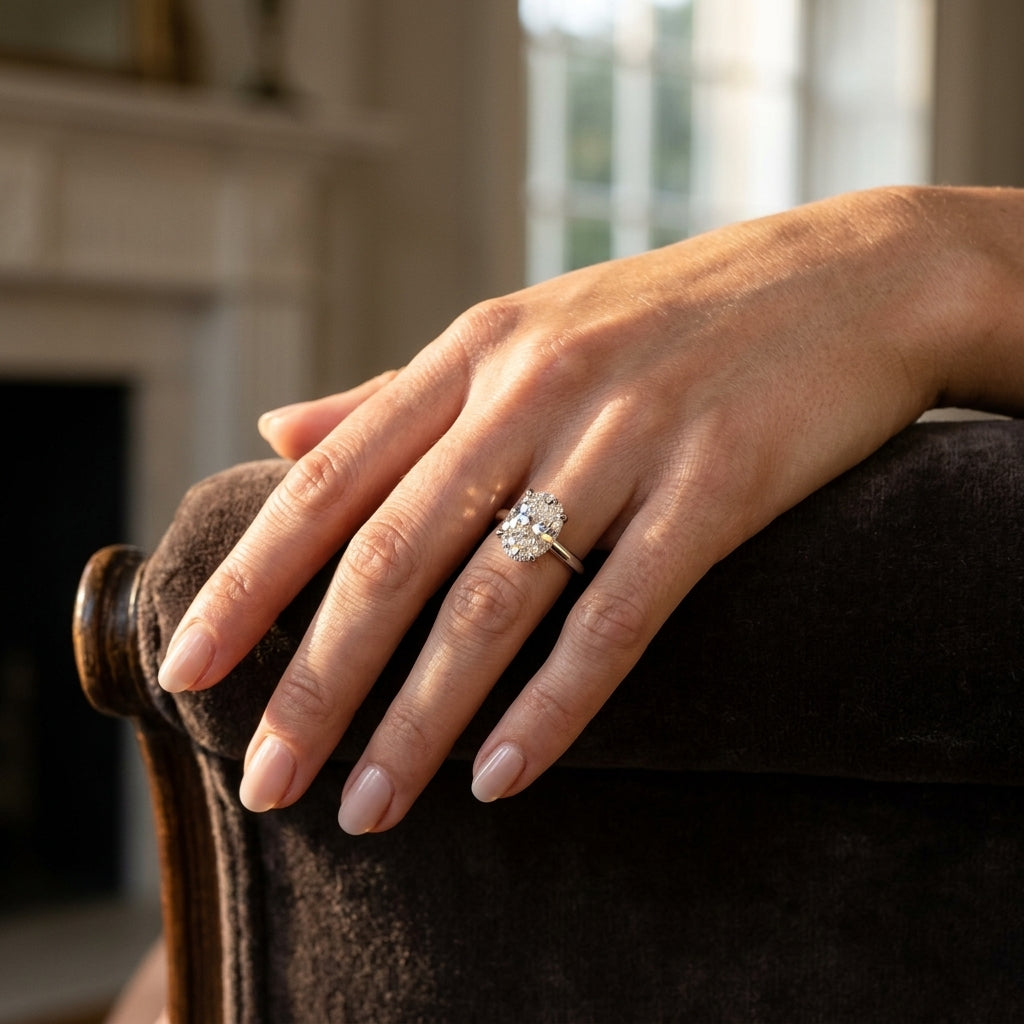 Oval Hidden Halo Engagement Ring - worn lifestyle photo