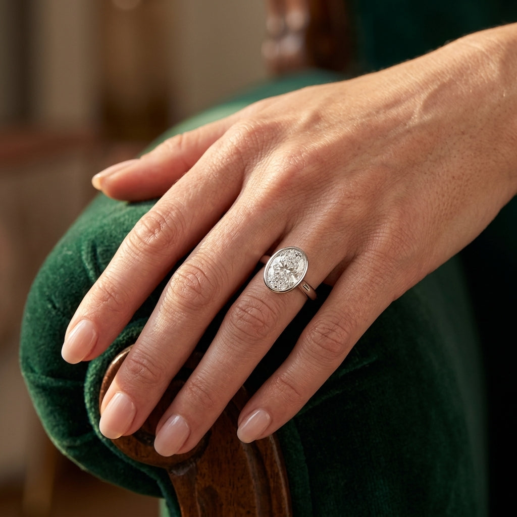 Bezel Set Oval Solitaire Engagement Ring - worn lifestyle photo