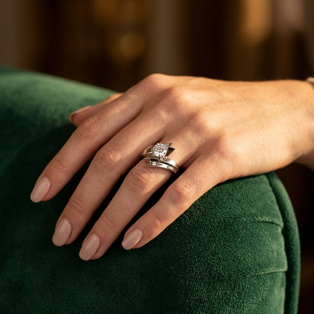 Bypass Solitaire Round Engagement Ring - worn lifestyle photo