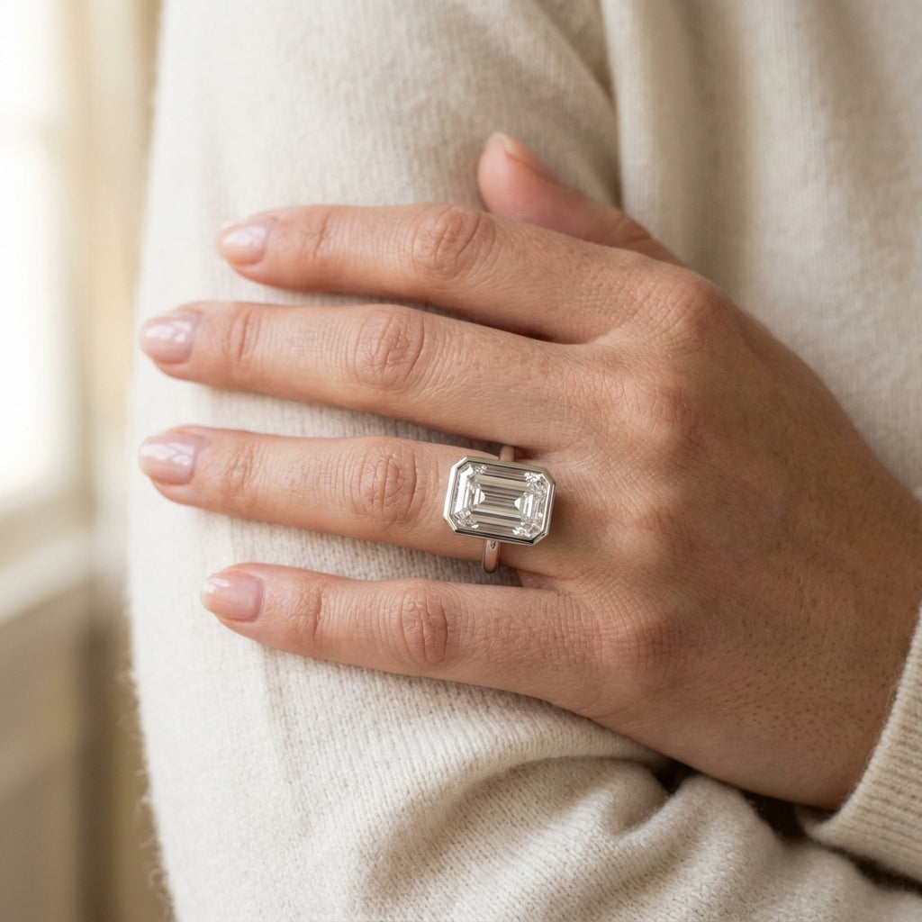 Solitaire Bezel Set Radiant Engagement Ring - worn lifestyle photo