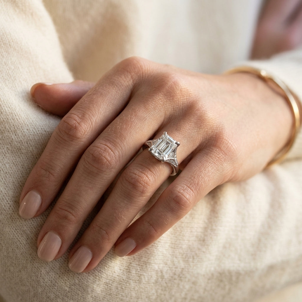 Gabriel & Co. Taye - 14K White Gold Split Shank Emerald Cut Diamond Engagement Ring 1/5CTW 9.5X7 - worn lifestyle photo