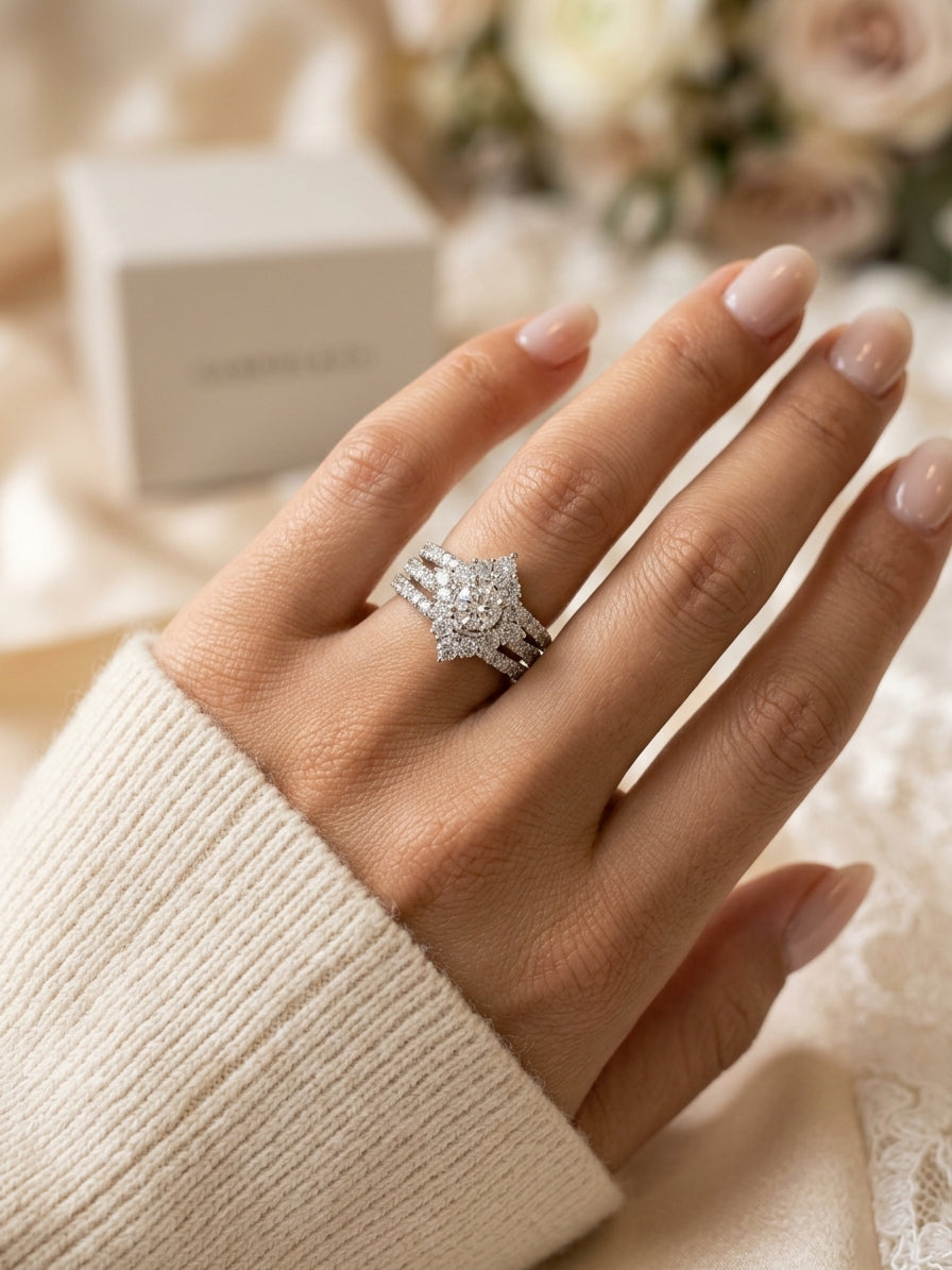 14K White Gold Oval Diamond Bypass Halo Wedding Set - worn lifestyle photo