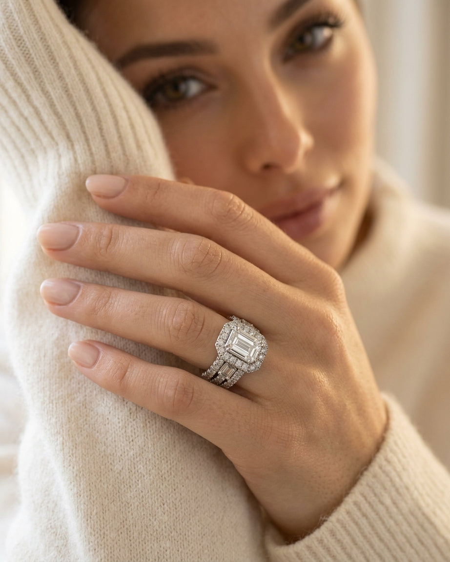 14k White Gold 1.97 CTW Natural Emerald-Cut Diamond Double Halo Wedding Set - worn lifestyle photo