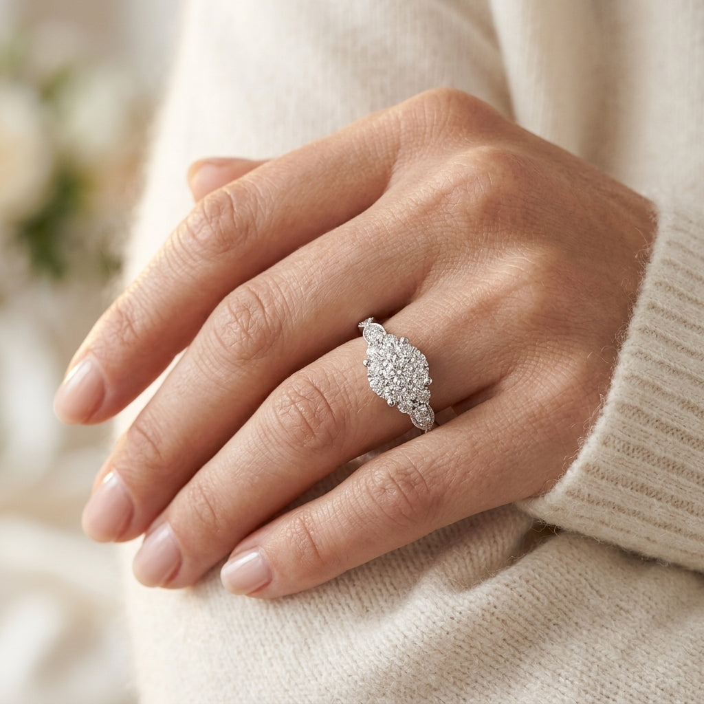 1/2 Ctw Oval Shape Center Criss Cross Carved Shank Lovebright Round Cut Diamond Engagement Ring in 14K White Gold - worn lifestyle photo