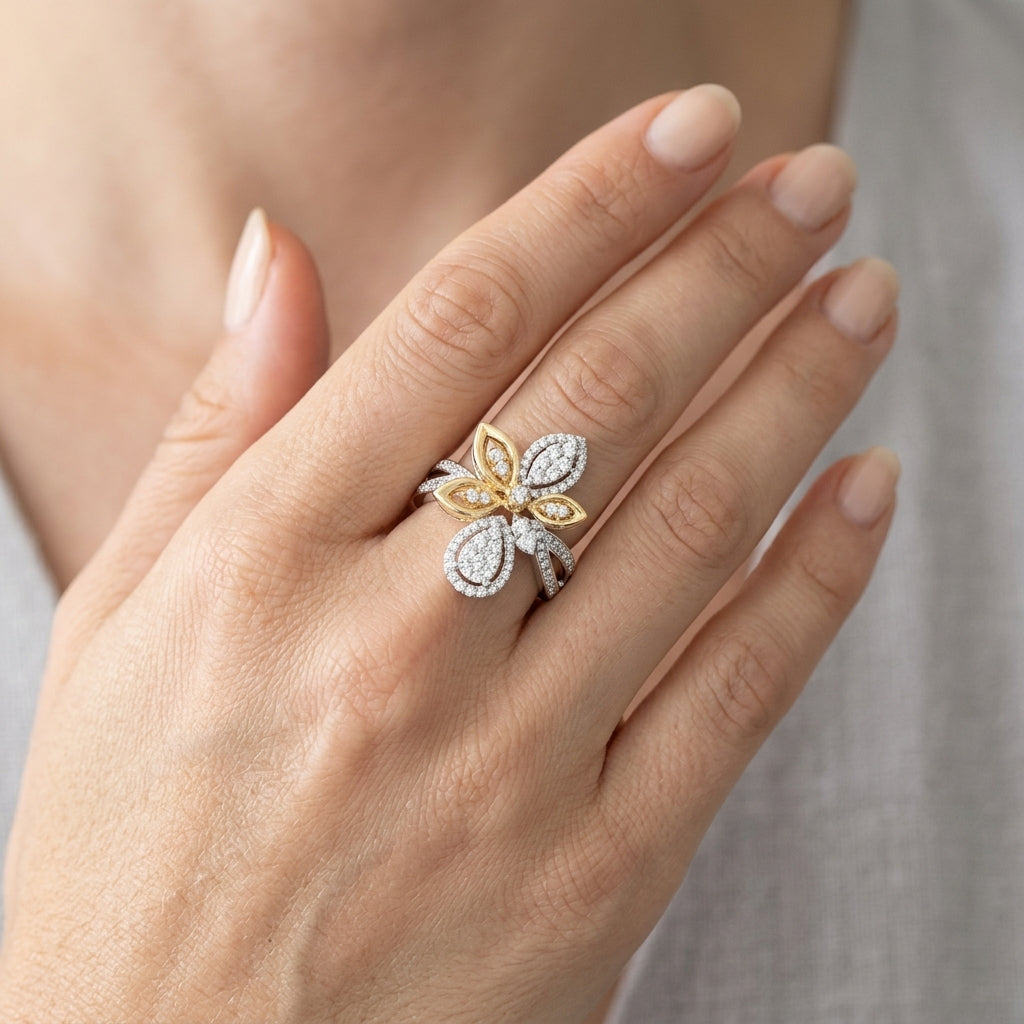 7/8 Ctw Round Cut Diamond Lovebright Ring in 14K White and Yellow Gold - worn lifestyle photo