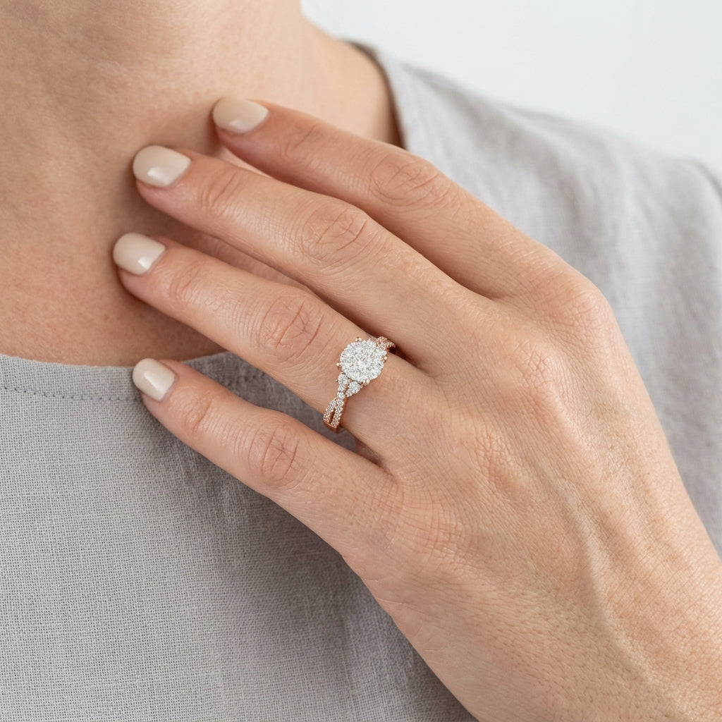 3/4 Ctw Crossed Split Shank Lovebright Diamond Cluster Ring in 14K Rose and White Gold - worn lifestyle photo
