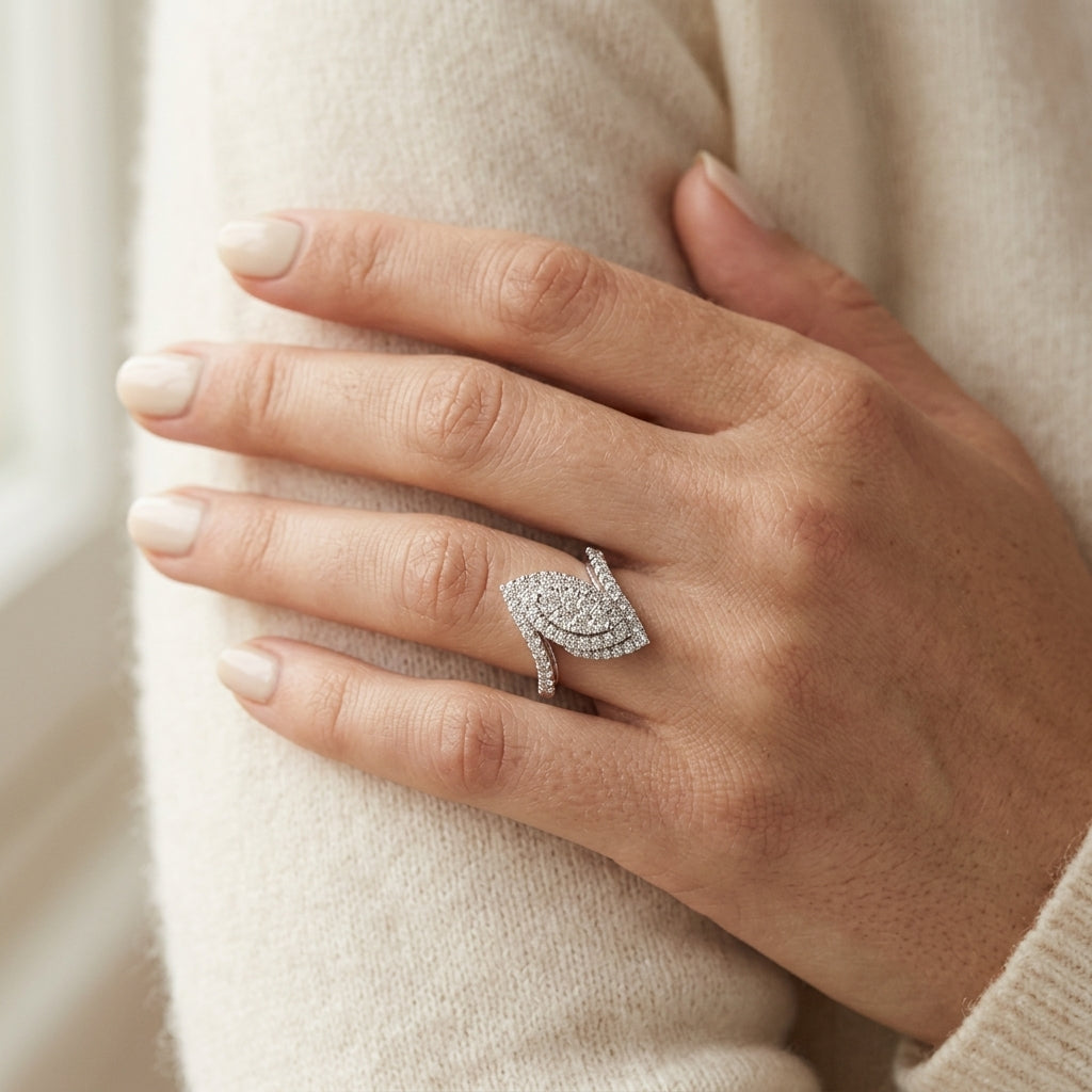 5/8 Ctw Marquise Shape Bypass Shank Lovebright Round Cut Diamond Engagement Ring in 14K White Gold - worn lifestyle photo