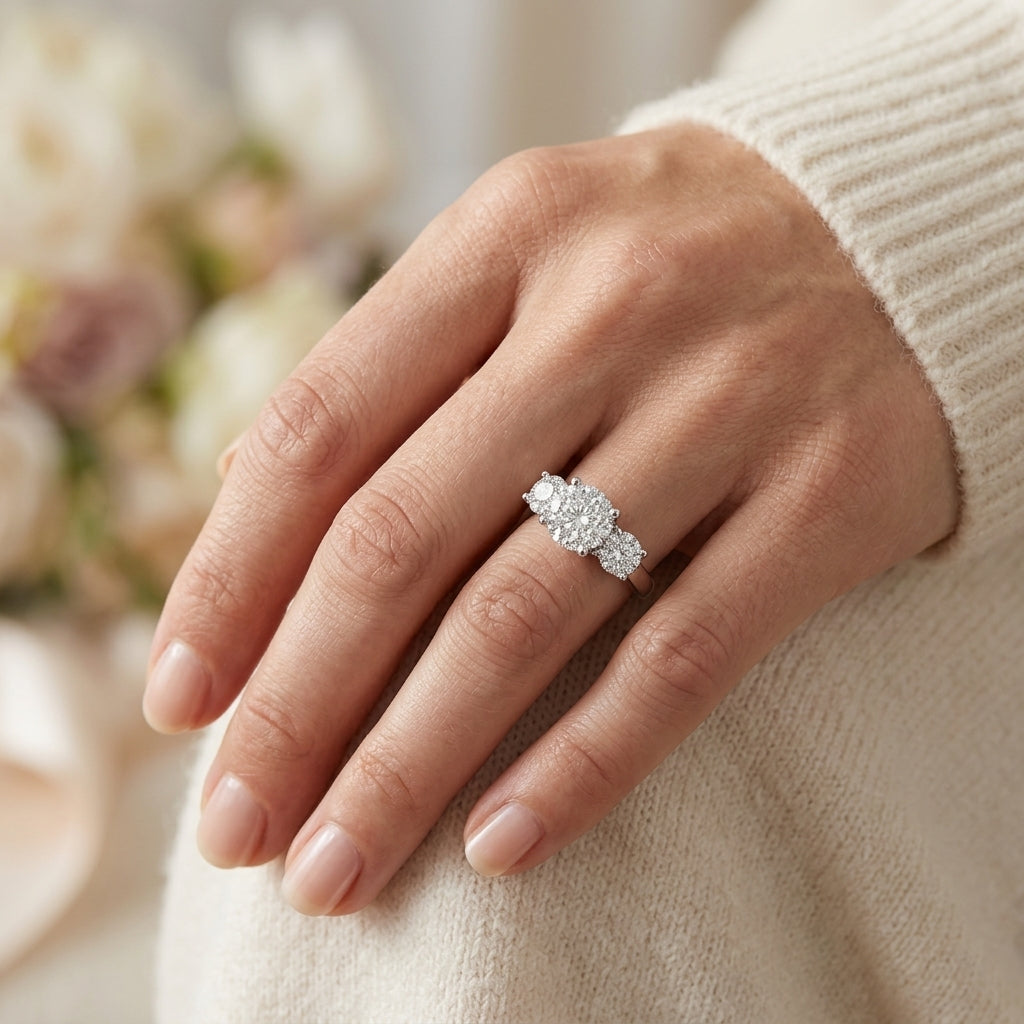 3/4 Ctw Past Present and Future Lovebright Round Cut Diamond Ring in 14K White Gold - worn lifestyle photo