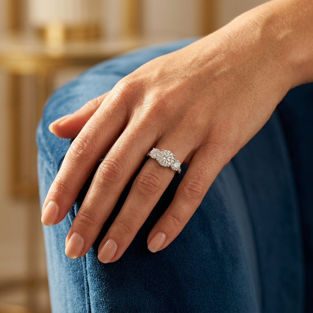 1 1/2 Ctw Past Present and Future Lovebright Round Cut Diamond Ring in 14K White Gold - worn lifestyle photo