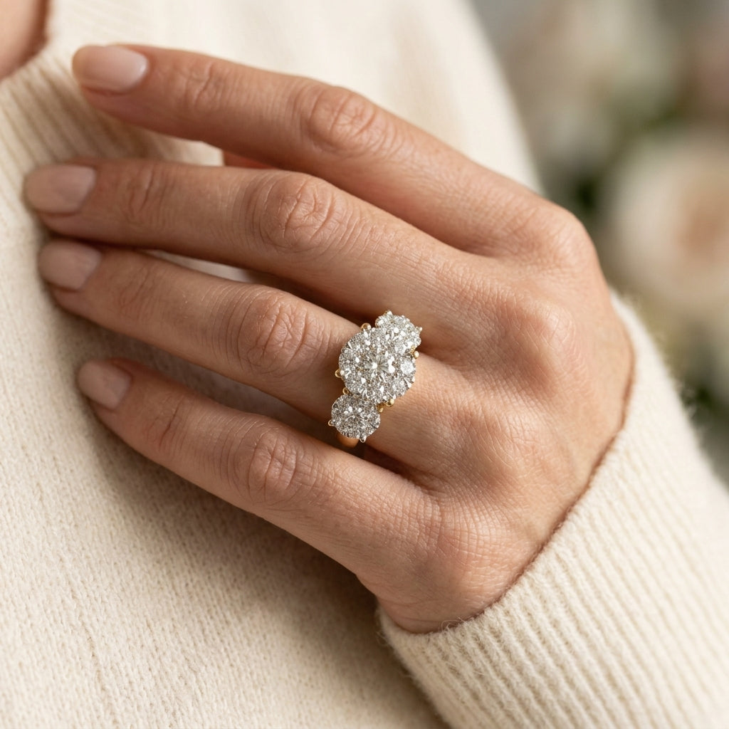 3 Ctw Past Present and Future Lovebright Round Cut Diamond Ring in 14K Yellow and White Gold - worn lifestyle photo
