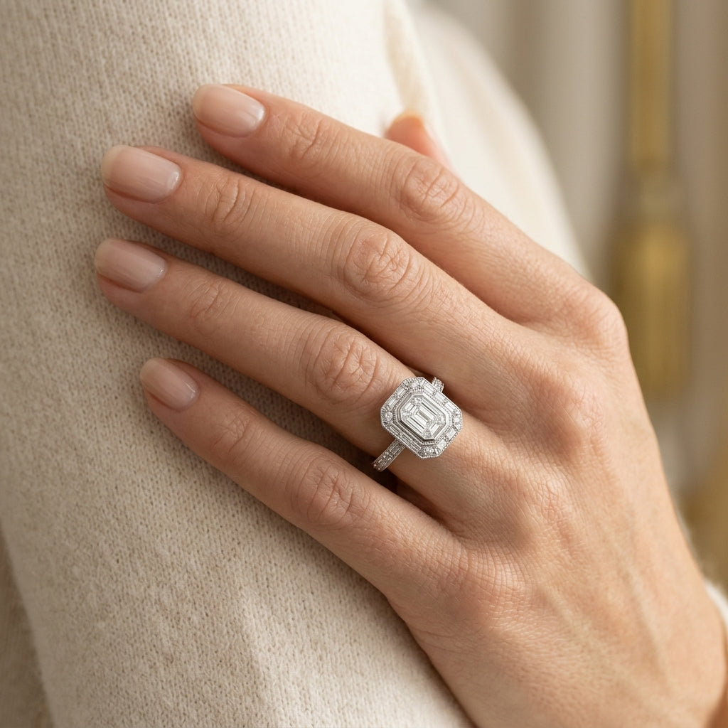 1 Ctw Fusion Emerald Cut, Baguette & Round Cut Diamond Ring in 14K White Gold - worn lifestyle photo