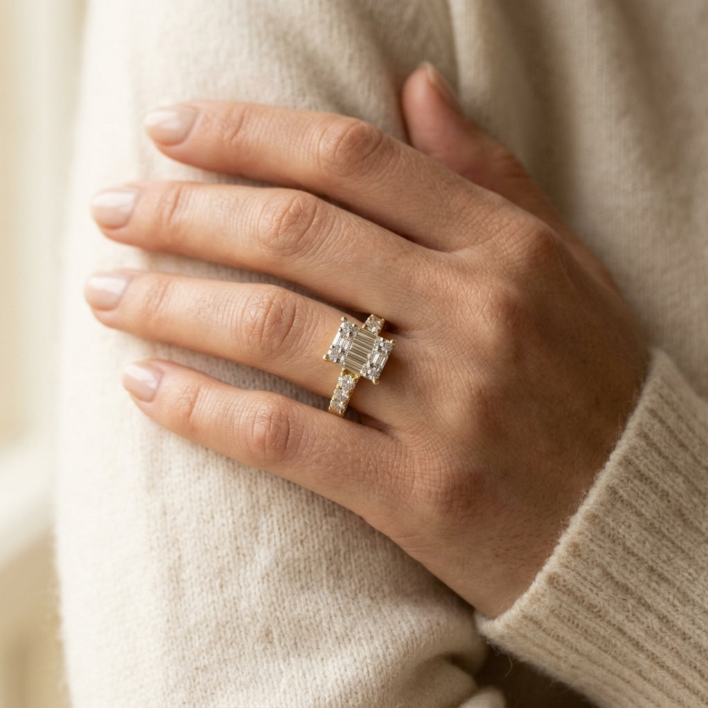 1 Ctw Fusion Baguette and Round Cut Diamond Engagement Ring in 14K Yellow and White gold - worn lifestyle photo