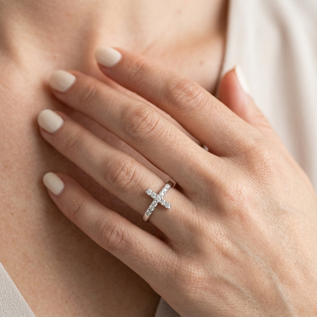 1/10 Ctw Petite Reclining Cross Round Cut Diamond Stackable Fashion Ring in 10K White Gold - worn lifestyle photo