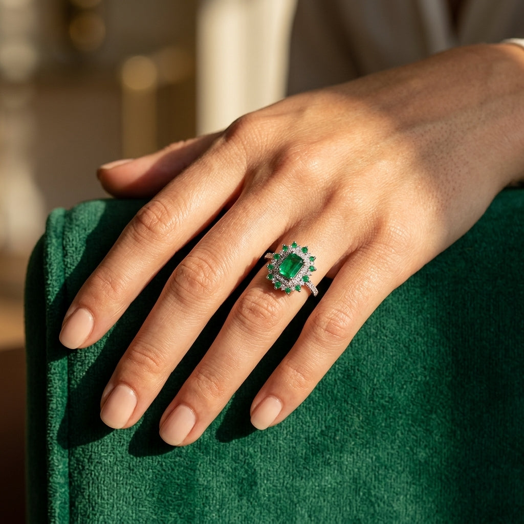 6X4 MM Emerald Shape & 1.5 MM Round Cut Emerald and 1/3 Ctw Round Cut Diamond Floral Precious Ring in 14K White Gold - worn lifestyle photo