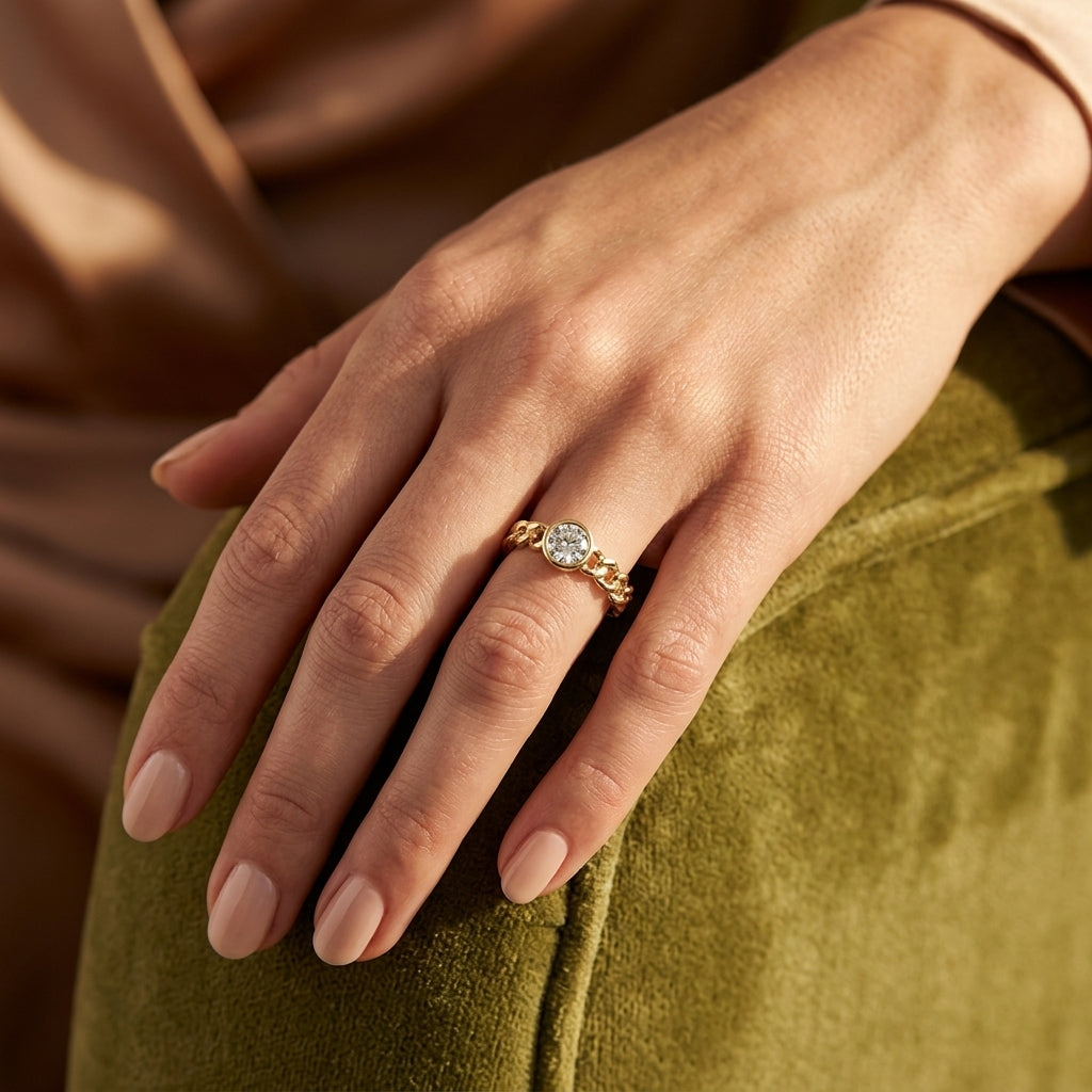 1/5 Ctw Bezel Set Round Cut Diamond Curb Link Fashion Ring in 14K Yellow Gold - worn lifestyle photo