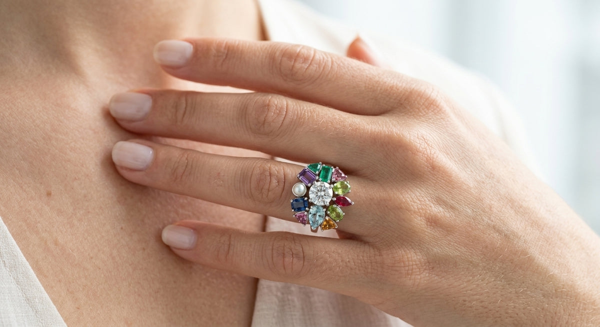 5 MM White Pearl and 1/20 Ctw Round Cut Diamond Halo Ring in 14K Yellow Gold - worn lifestyle photo