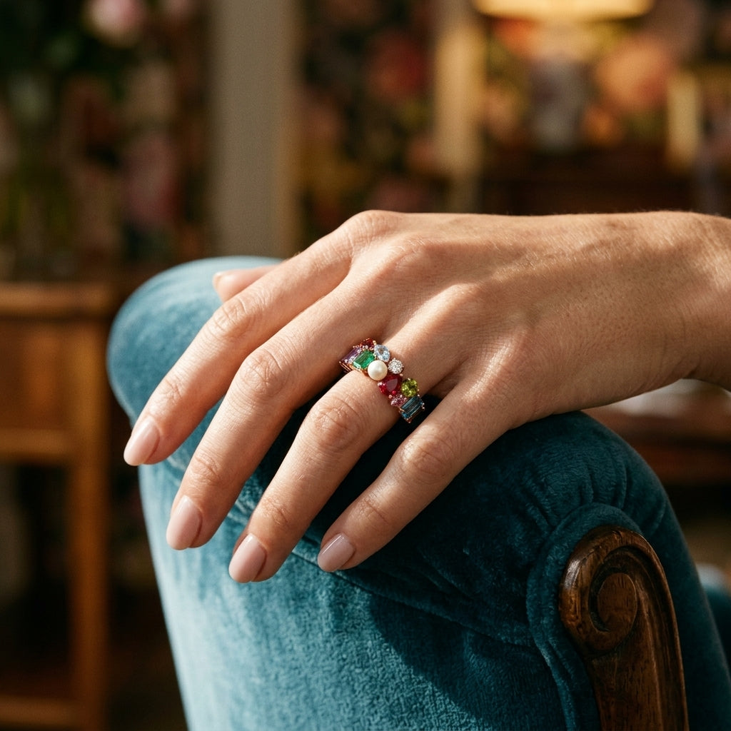 5X3 MM Oval Shape Aquamarine and 1/20 Ctw Round Cut Diamond Halo Semi-Precious Ring in 10K White Gold - worn lifestyle photo