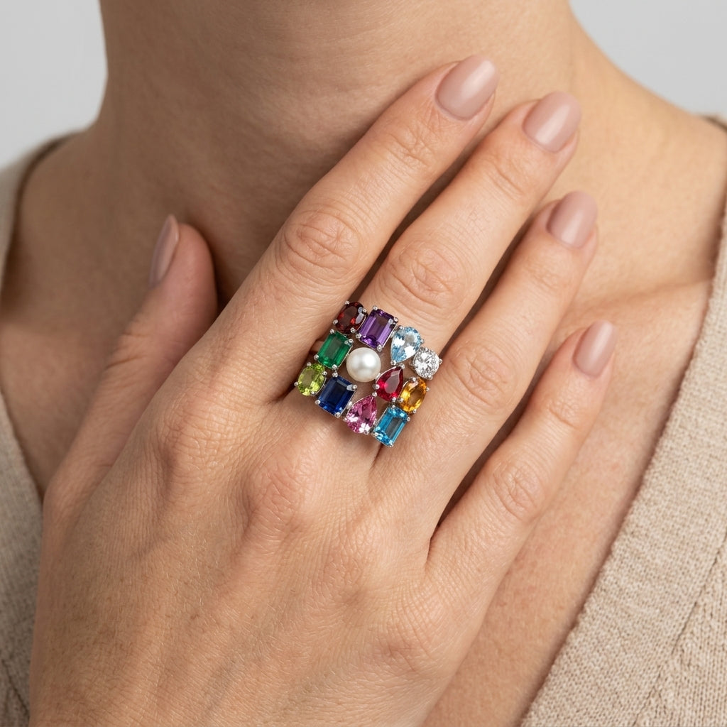 1/20 Ctw Oval Cut 6X4 MM White Topaz and Round Cut Diamond semi-precious Ring in 10K Yellow Gold - worn lifestyle photo