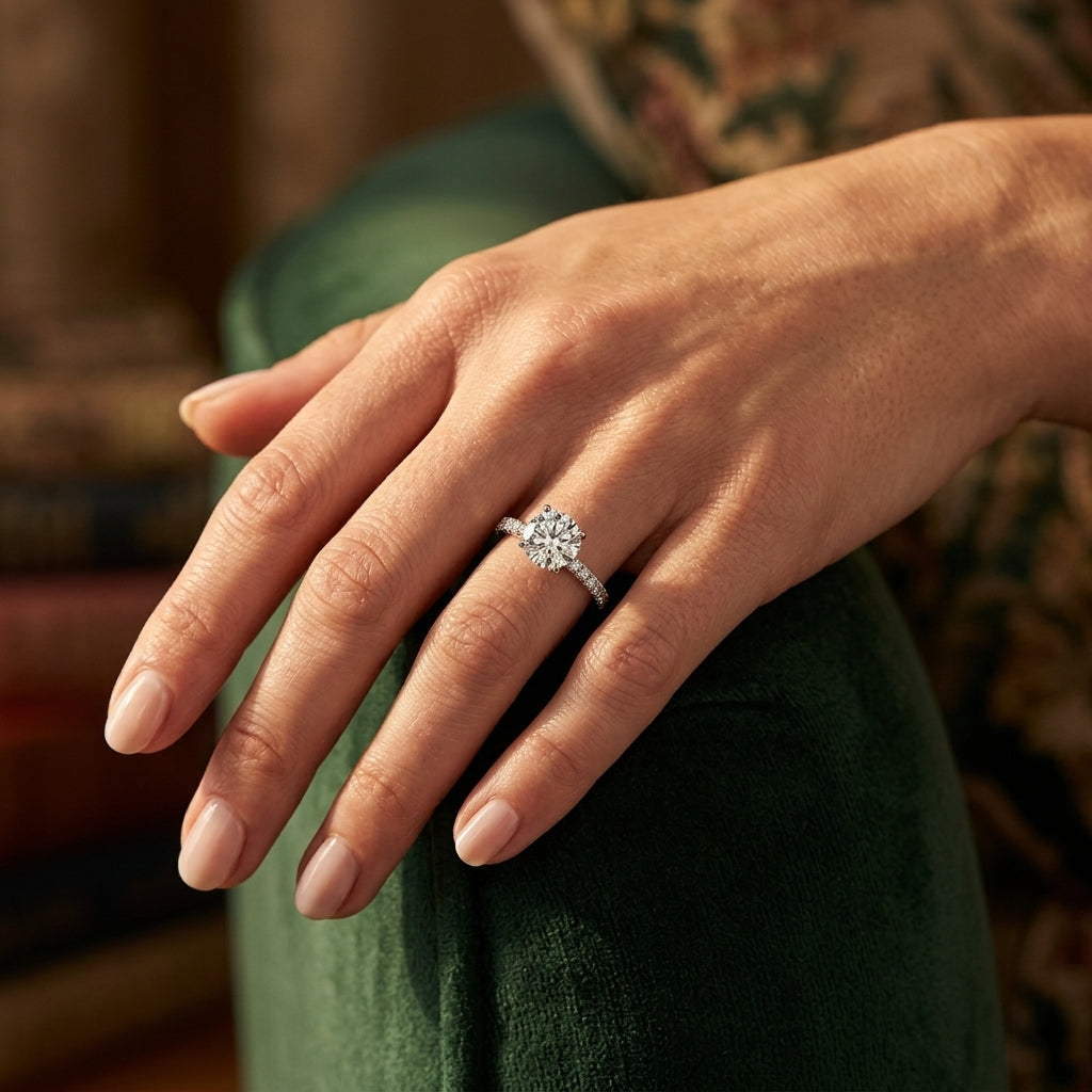 Single Row Diamond Engagement Ring - worn lifestyle photo