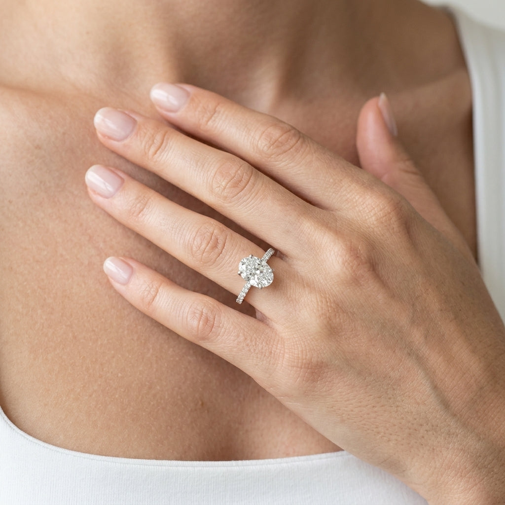 Oval Hidden Halo Engagement Ring, Diamond Band - worn lifestyle photo