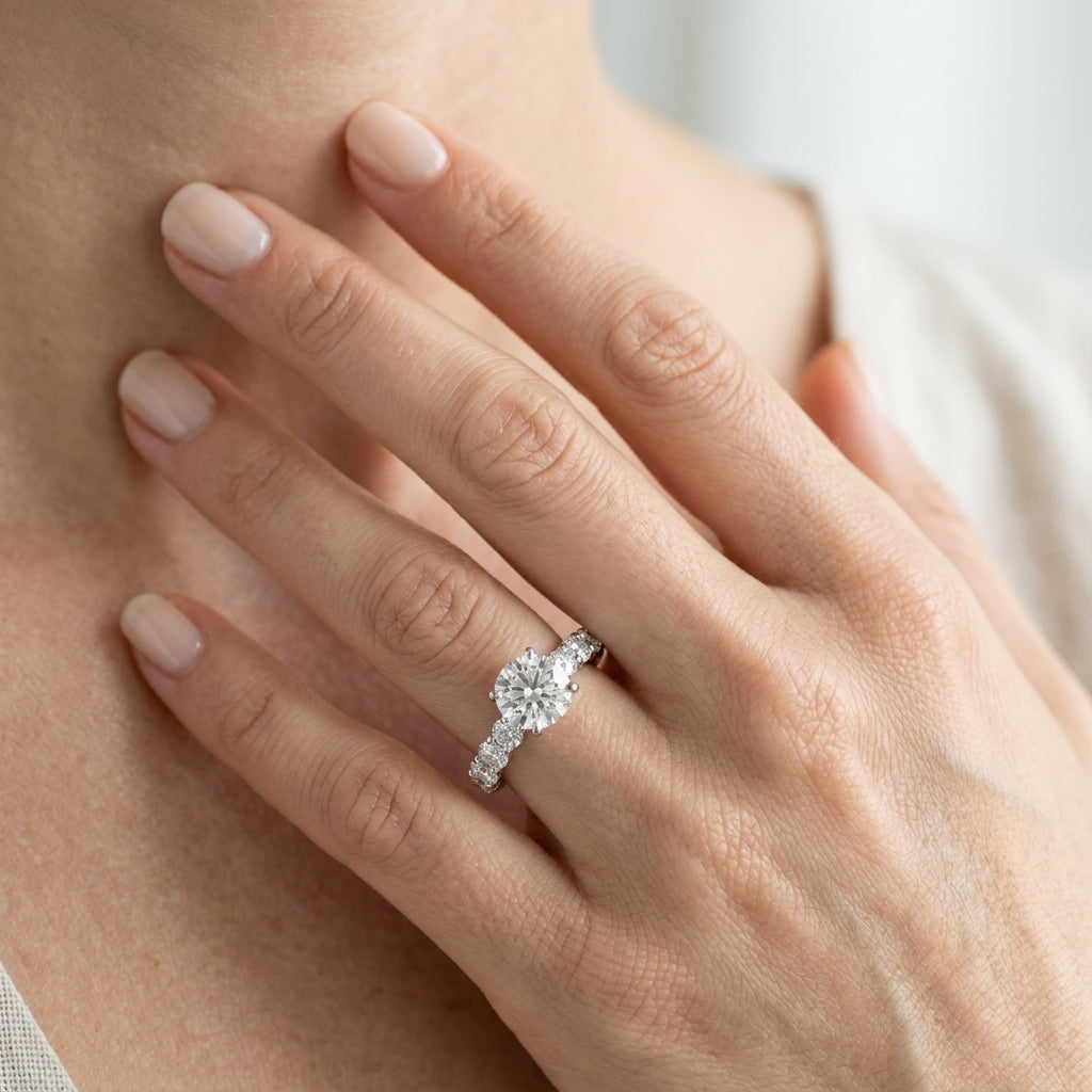 Single Row Diamond Engagement Ring - worn lifestyle photo