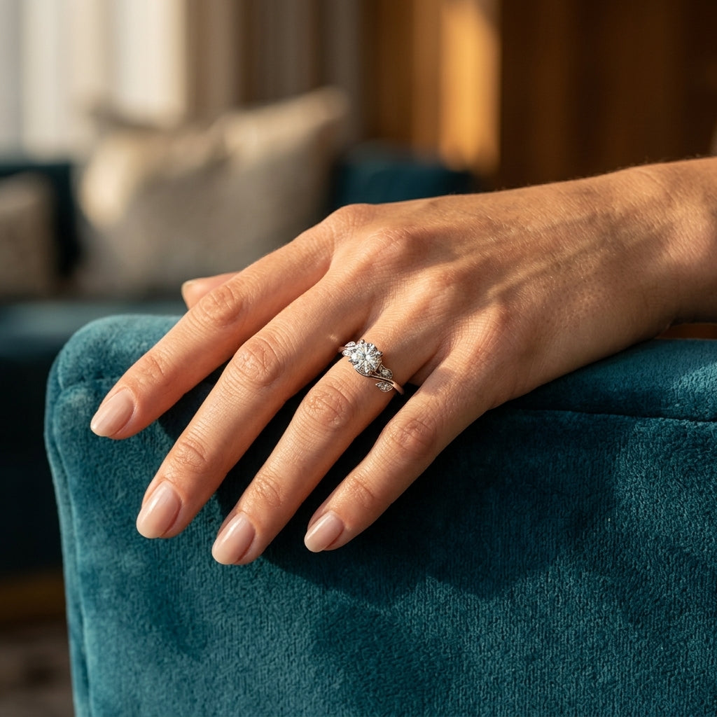 Floral Bypass Engagement Ring - worn lifestyle photo