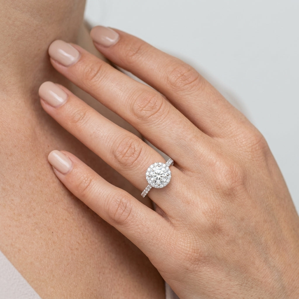 Round Halo Engagement Ring - worn lifestyle photo