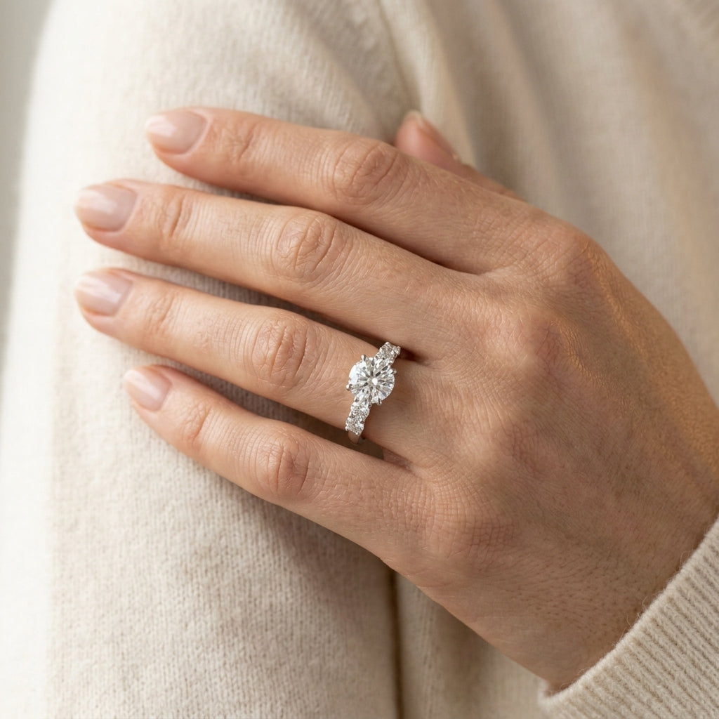 Single Row Shared Prong Engagement Rings - worn lifestyle photo
