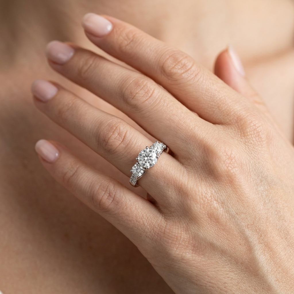 Round 3-Stone Trellis Engagement Ring - worn lifestyle photo