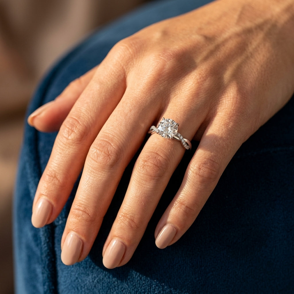Twisted 4-Prong Round Engagement Ring - worn lifestyle photo
