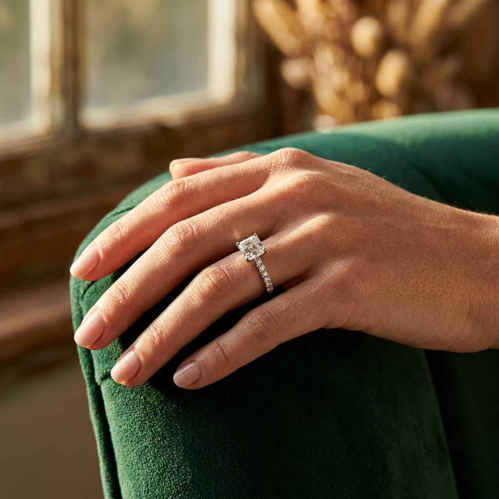 Single Row Cathedral Engagement Ring - worn lifestyle photo