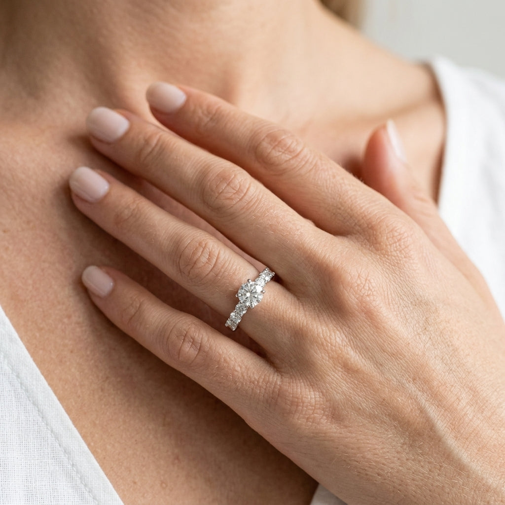 Single Row Trellis Engagement Ring - worn lifestyle photo