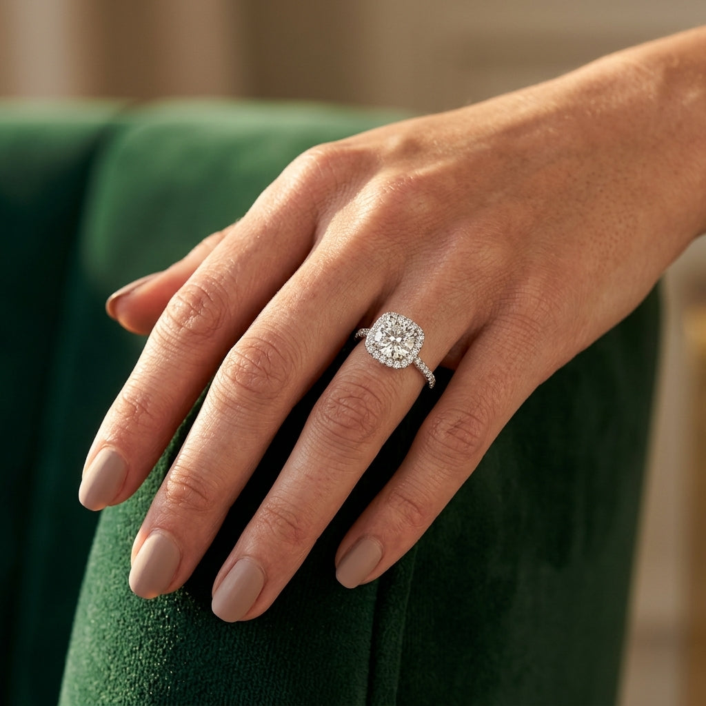 Single Row Prong Set Halo Engagement Ring - worn lifestyle photo