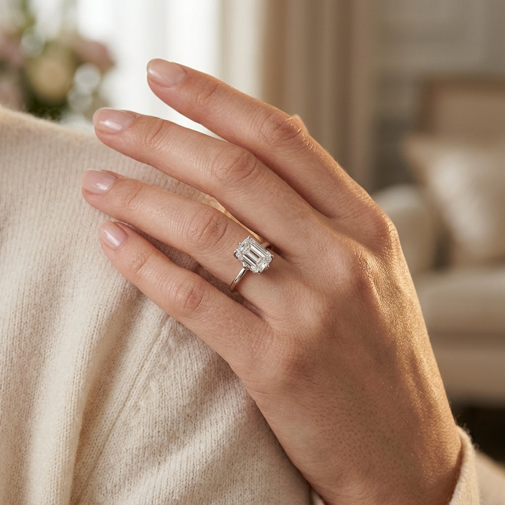 6-Prong Emerald Cut Floral Engagement Ring - worn lifestyle photo