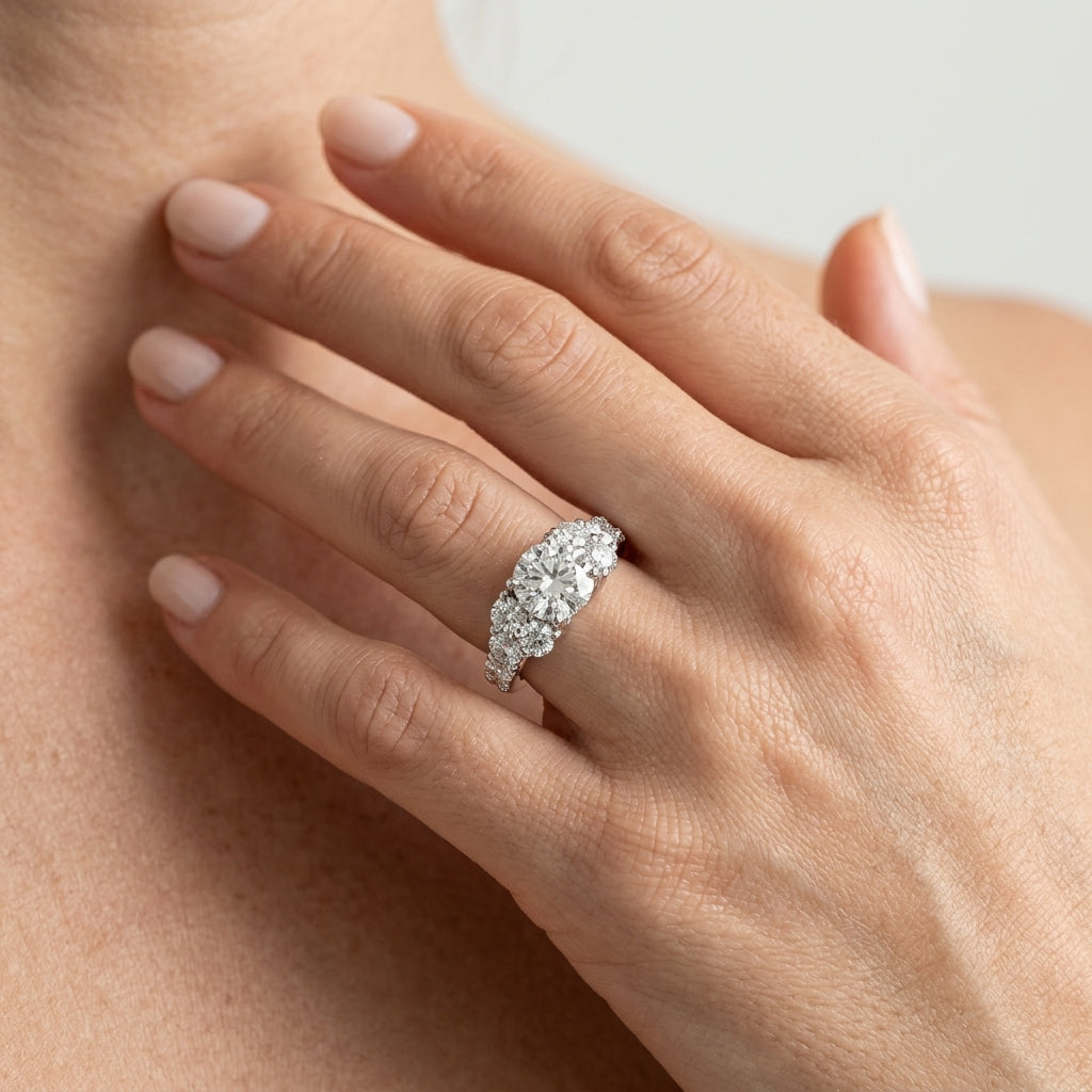 Prong Set Cluster Side Engagement Ring - worn lifestyle photo