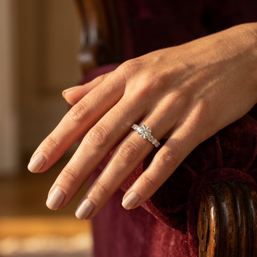 Single Row Shared-Prong Engagement Ring - worn lifestyle photo