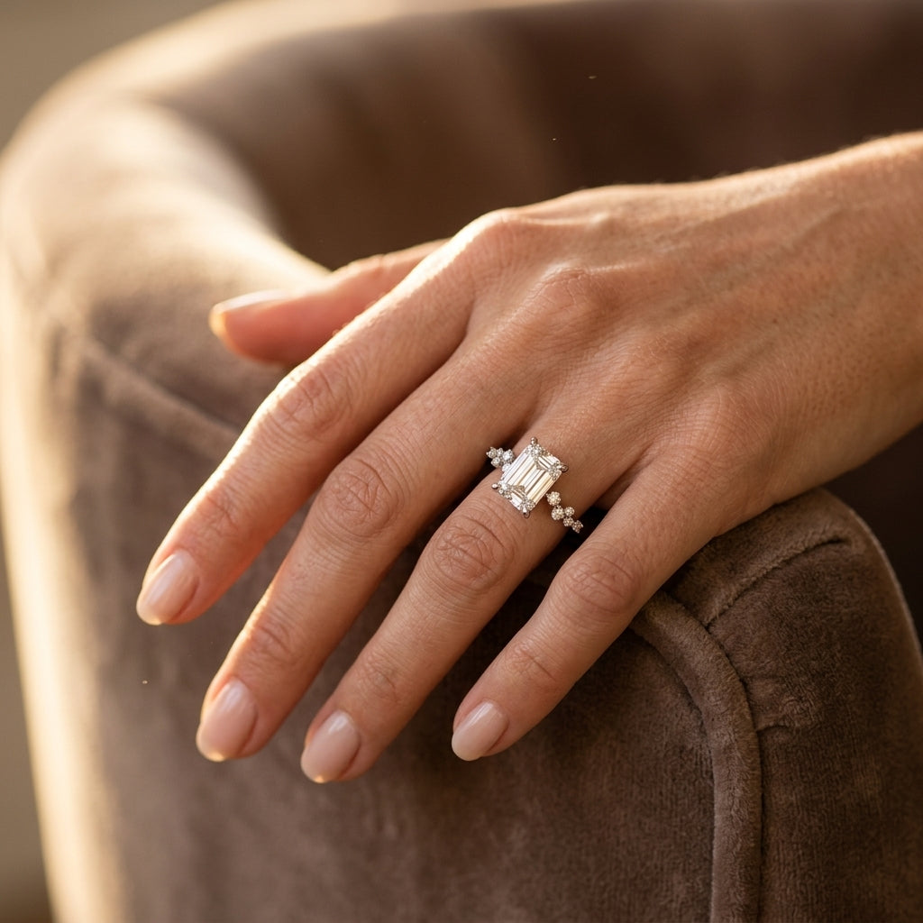 Emerald-Cut Scatter Engagement Ring - worn lifestyle photo