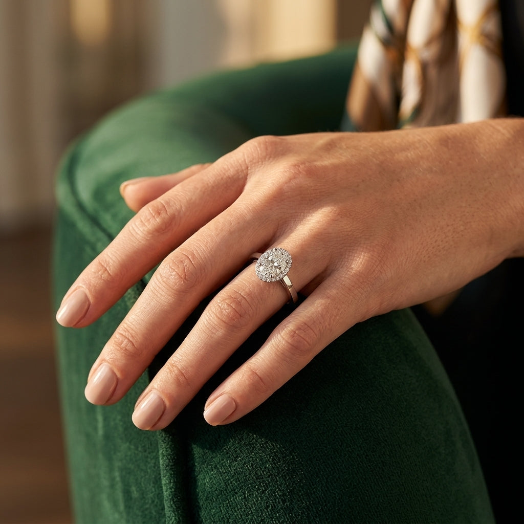 Oval Halo Engagement Ring - worn lifestyle photo