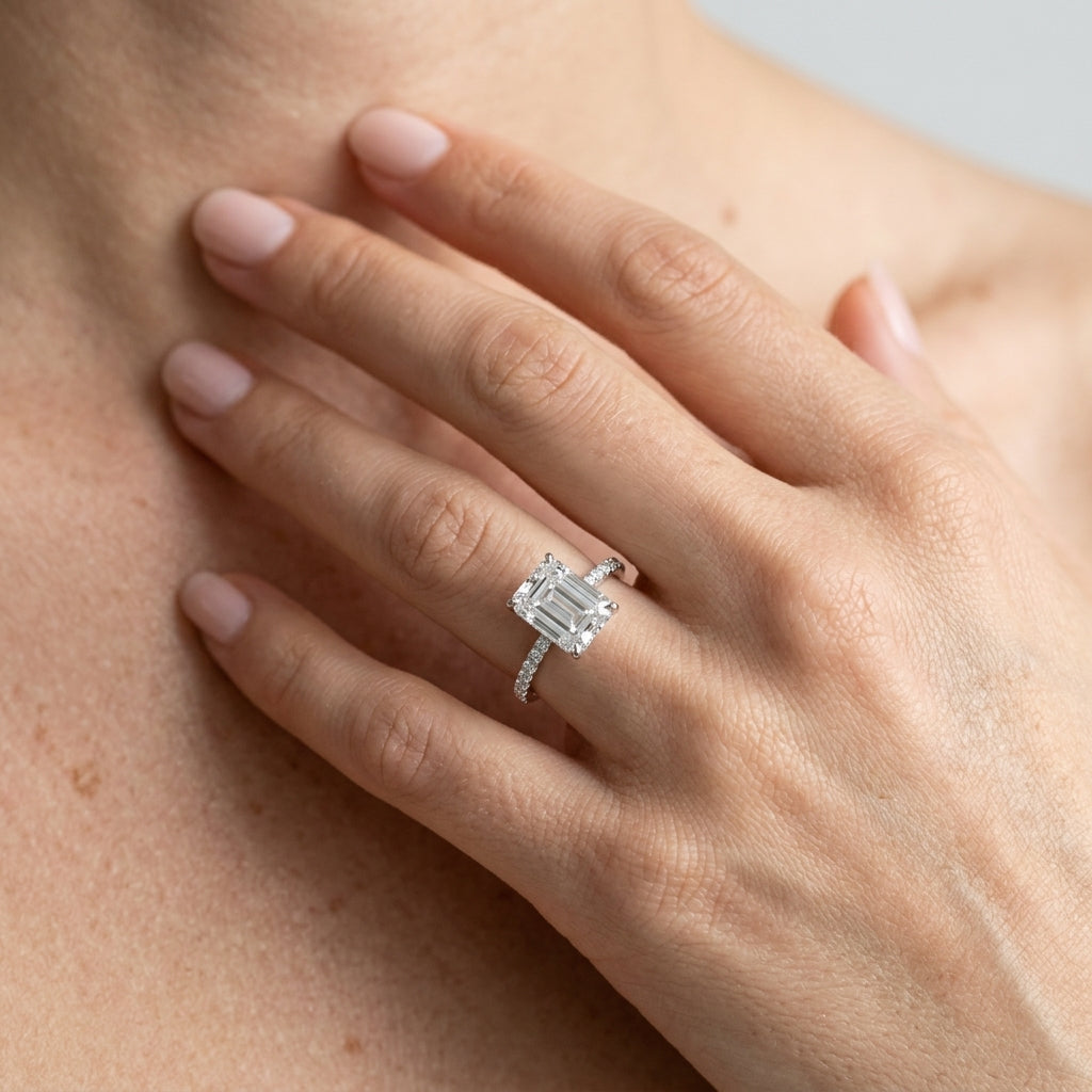Emerald Cut Hidden Halo Engagement Ring - worn lifestyle photo
