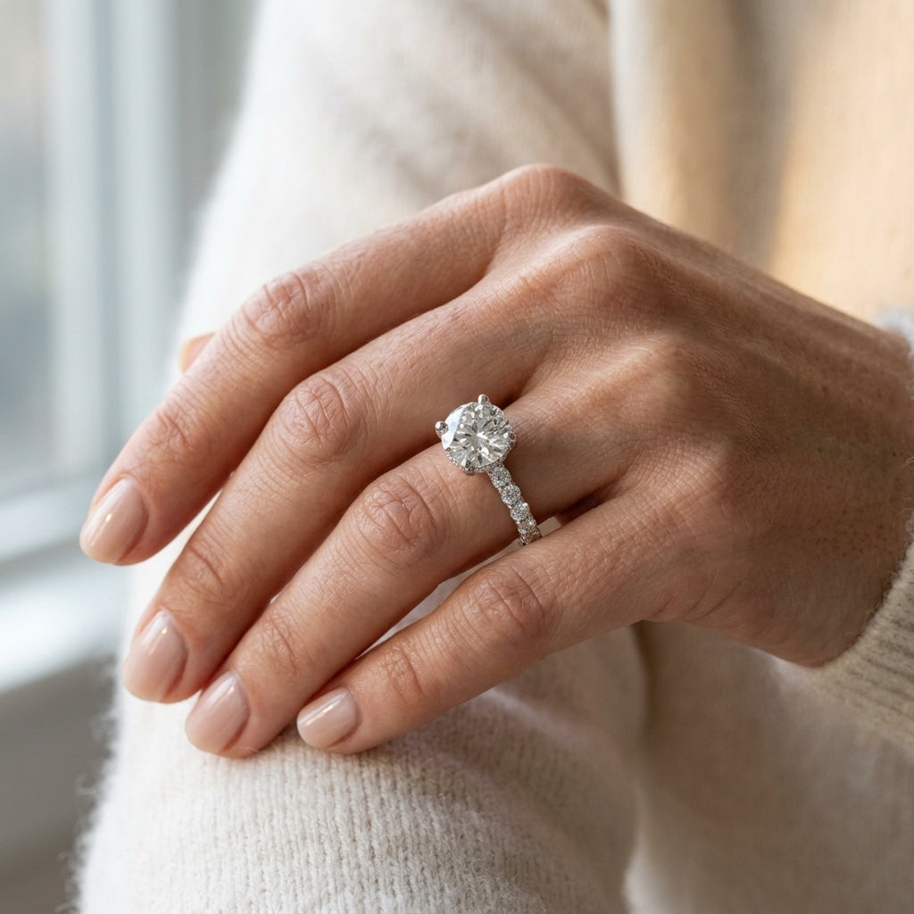 Round Hidden Halo Engagement Ring - worn lifestyle photo